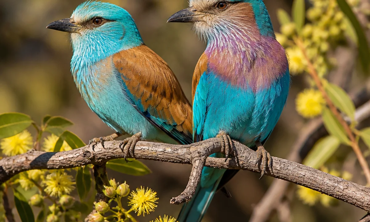 Two vividly colored birds perched together on a flowering woodland branch
