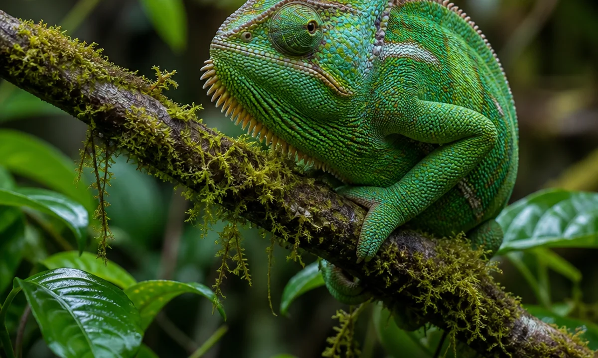 Green chameleon resting on a moss-covered branch in a richly detailed rainforest