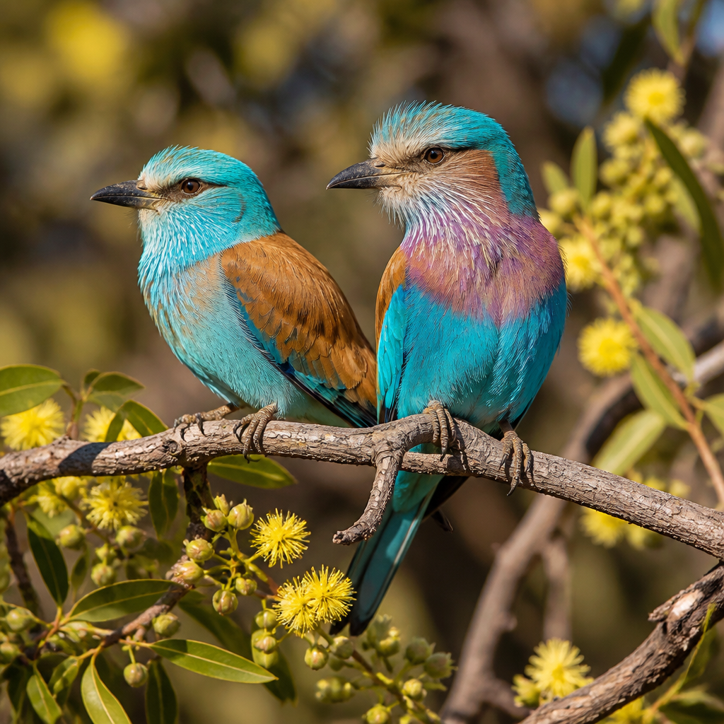 Two vividly colored birds perched together on a flowering woodland branch