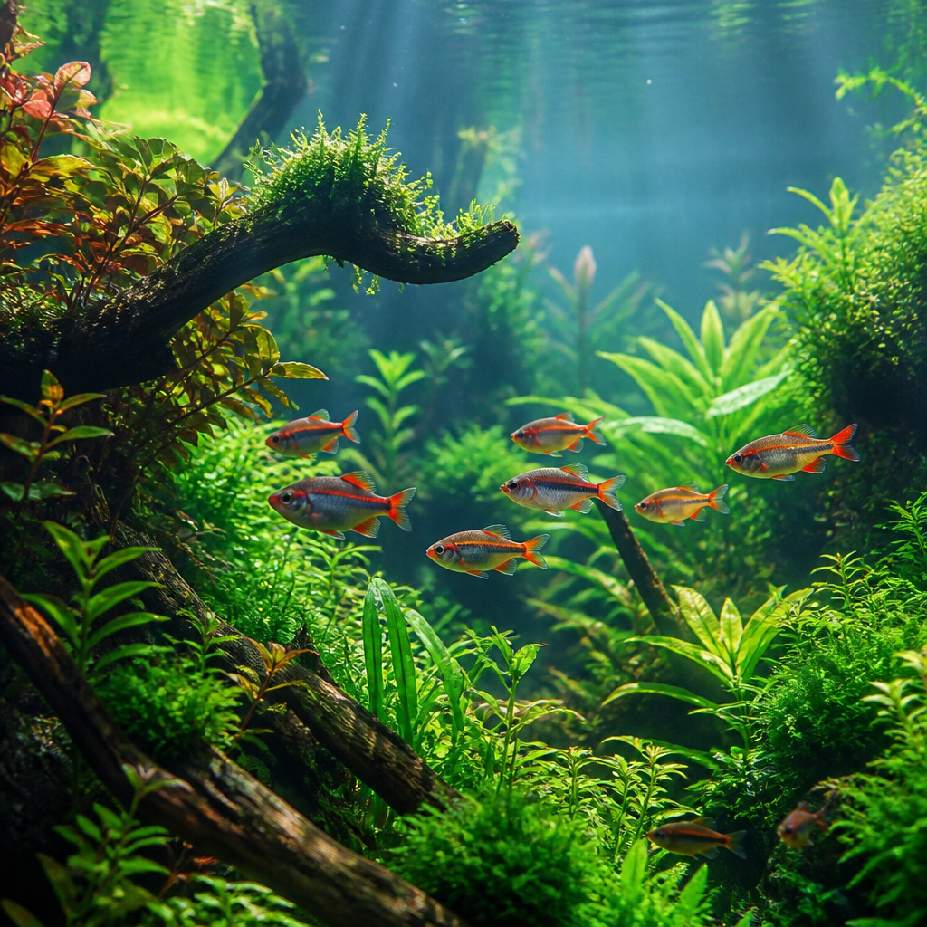 School of red-finned freshwater fish moving through a lush planted aquarium beneath shafts of natural light