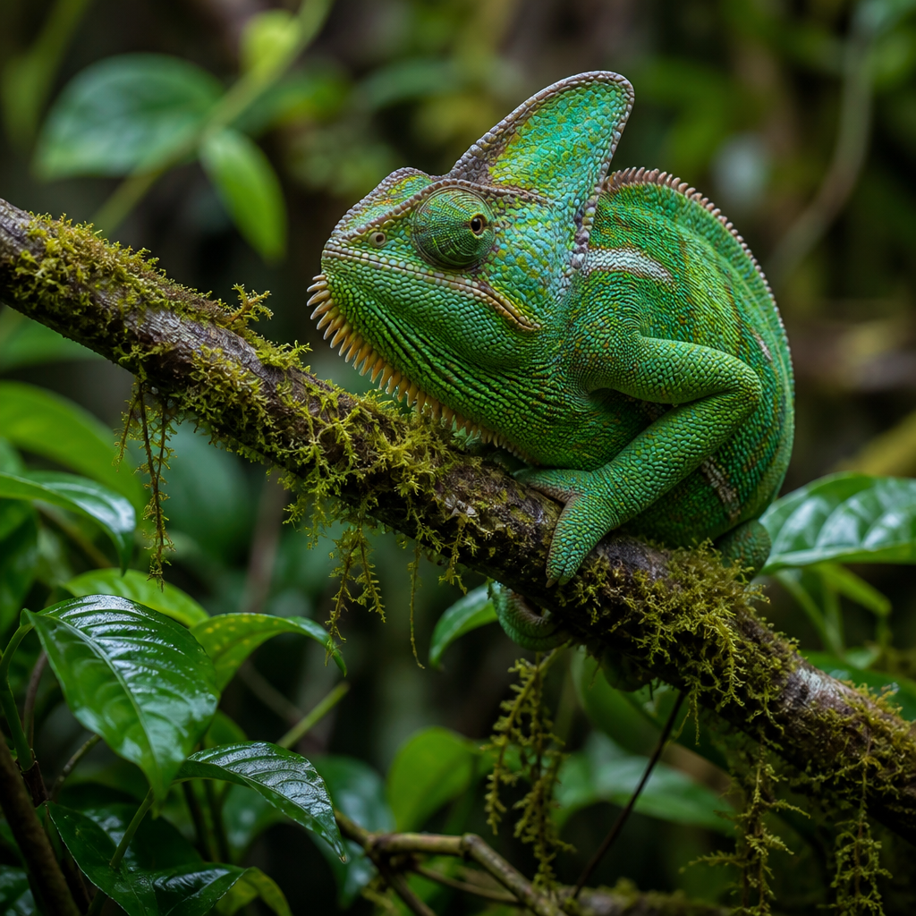 Green chameleon resting on a moss-covered branch in a richly detailed rainforest
